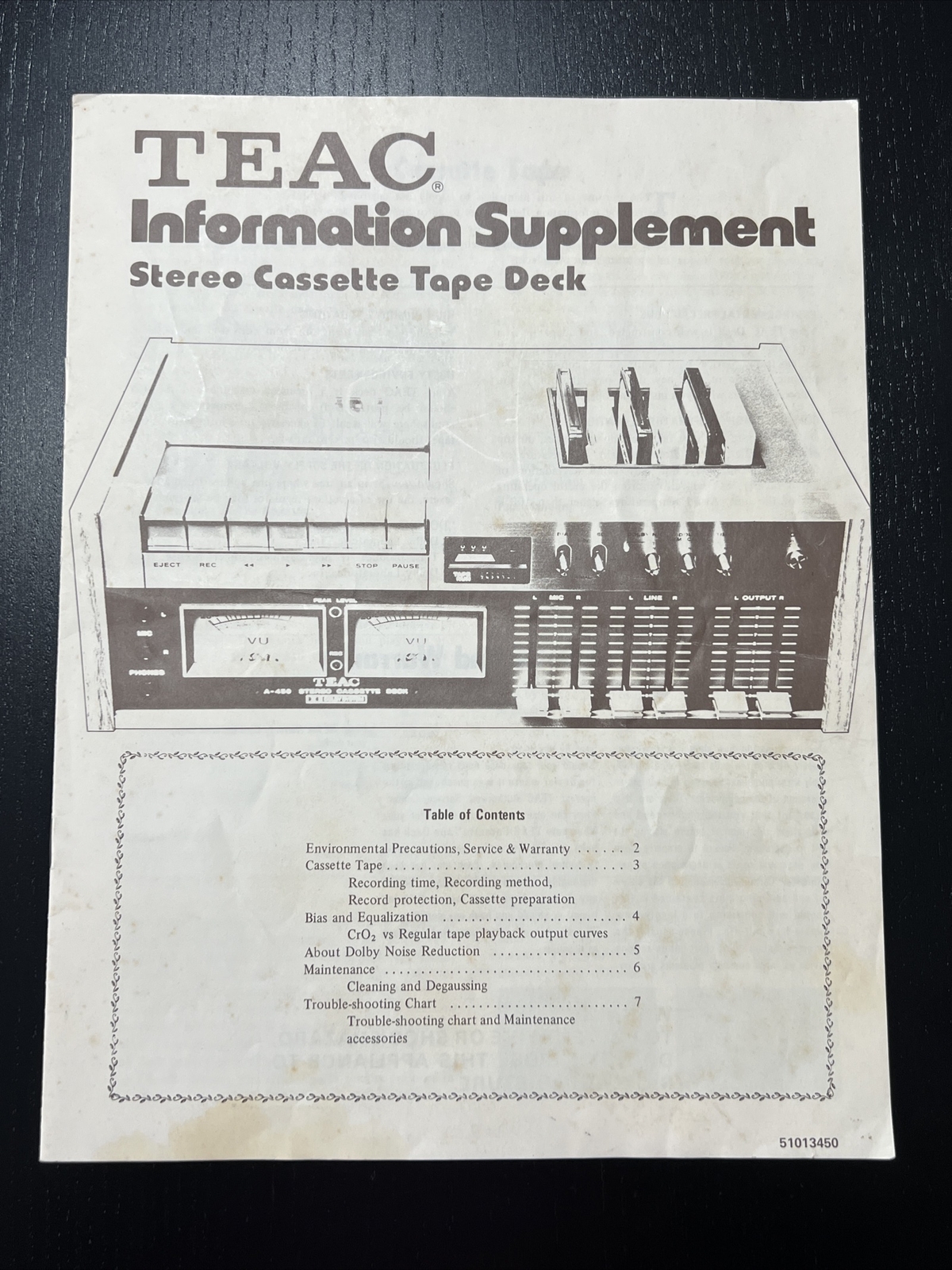 TEAC Stereo Cassette Tape Deck Original Owner’s Instructions Manual Supplement