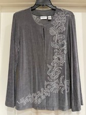 CHICO'S TRAVELERS Jacket - Gray Acetate Hook/Eye, Leafy Design, Size 1, 8-10