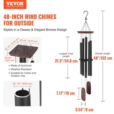Wind Chimes for Outside, 48 in, Deep Tone Wind Chimes with 5 Tubes, Black