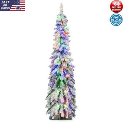 5ft Pre-Lit Flocked Christmas Tree 150 LED Lights 11 Modes Timer Indoor Decor US