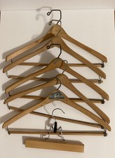 Lot Of 5 Vintage Wooden Coat Suit Hangers and 1 Wooden Clamp Pant Hanger