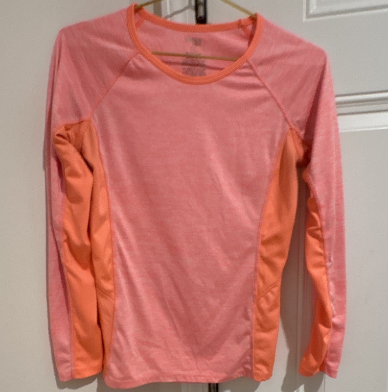 Danskin Now Womens M (8-10) Pink Orange Heathered Raglan Crew Stretch Tee