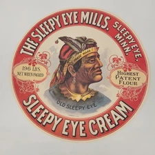 Vintage The Sleepy Eye Mills Flour Bag Label Sleepy Eye Cream Native America 16"