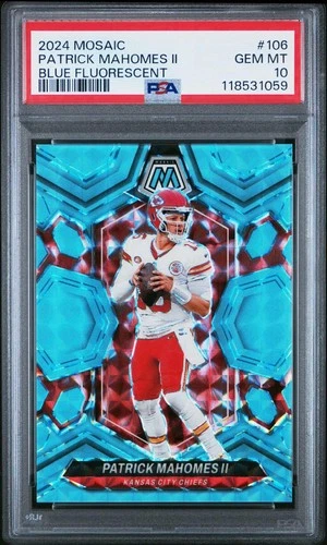 Patrick Mahomes 2024 Mosiac Blue Flourescent SN #106 Kansas City Chiefs PSA 10
