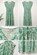 ICHI Green/White Floral V-Neck Flutter Sleeve Lightweight Midi Dress, L
