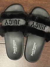 Juicy Couture Black Fuzzy Rhinestone Slides Sandals Size 7 Excellent