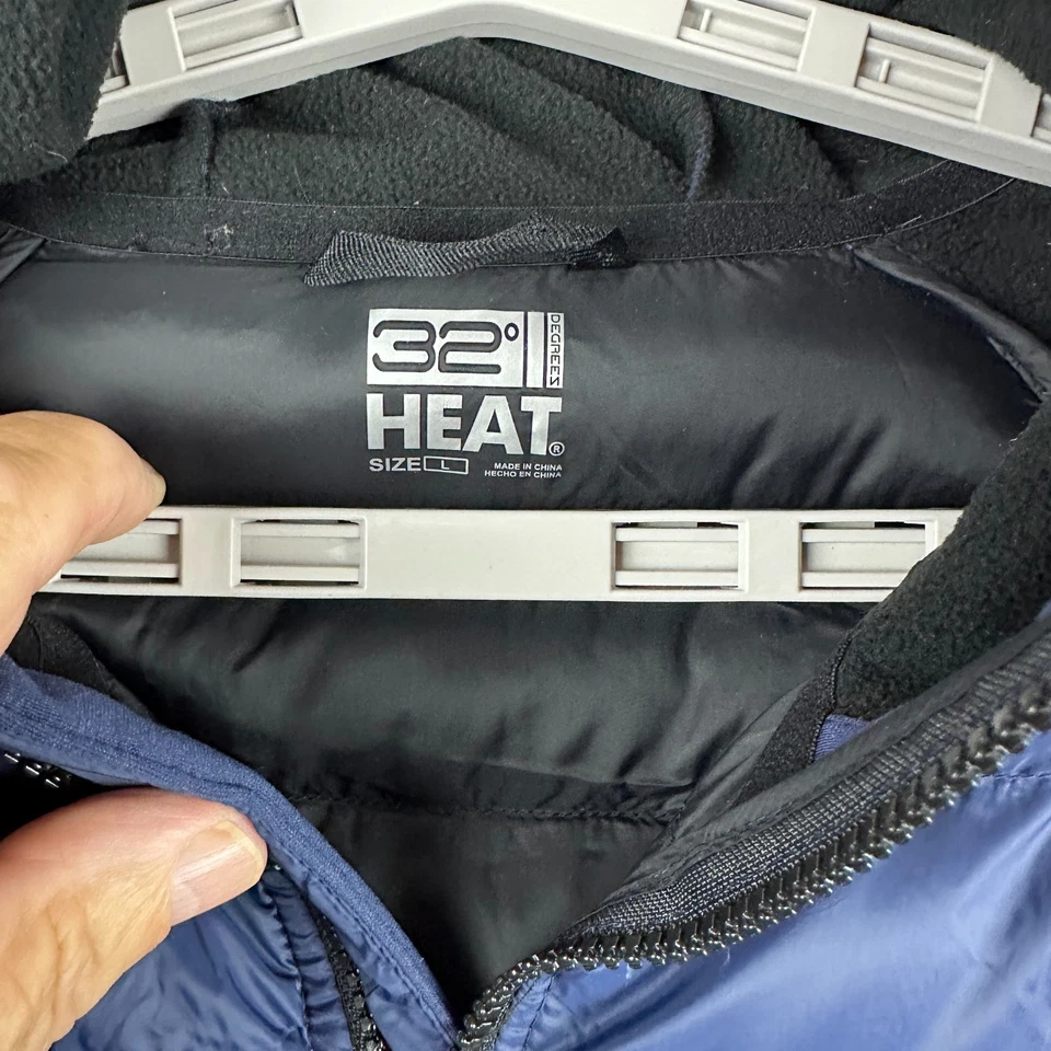 32 DEGREES HEAT HOODED MEN'S PUFFER JACKET NAVY BLUE FULL ZIP POCKETS SIZE L - Image 2 of 4