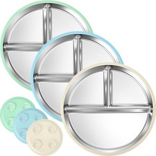 3 Pack Stainless Steel Kids Plate with Suction - 8.1  Divided Toddler Baby Pl...