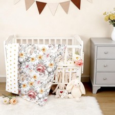 4-Piece Crib Bedding Set for Girls, Boho Baby Girl Bedding Set with Crib Skir...