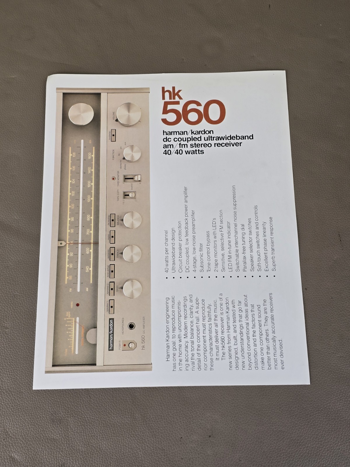 Harman Kardon HK 560 Stereo Receiver Brochure D-6416