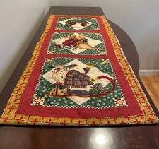 VTG Debbie Mumm Reversible Santa and Teapots Christmas Table Runner Primitive