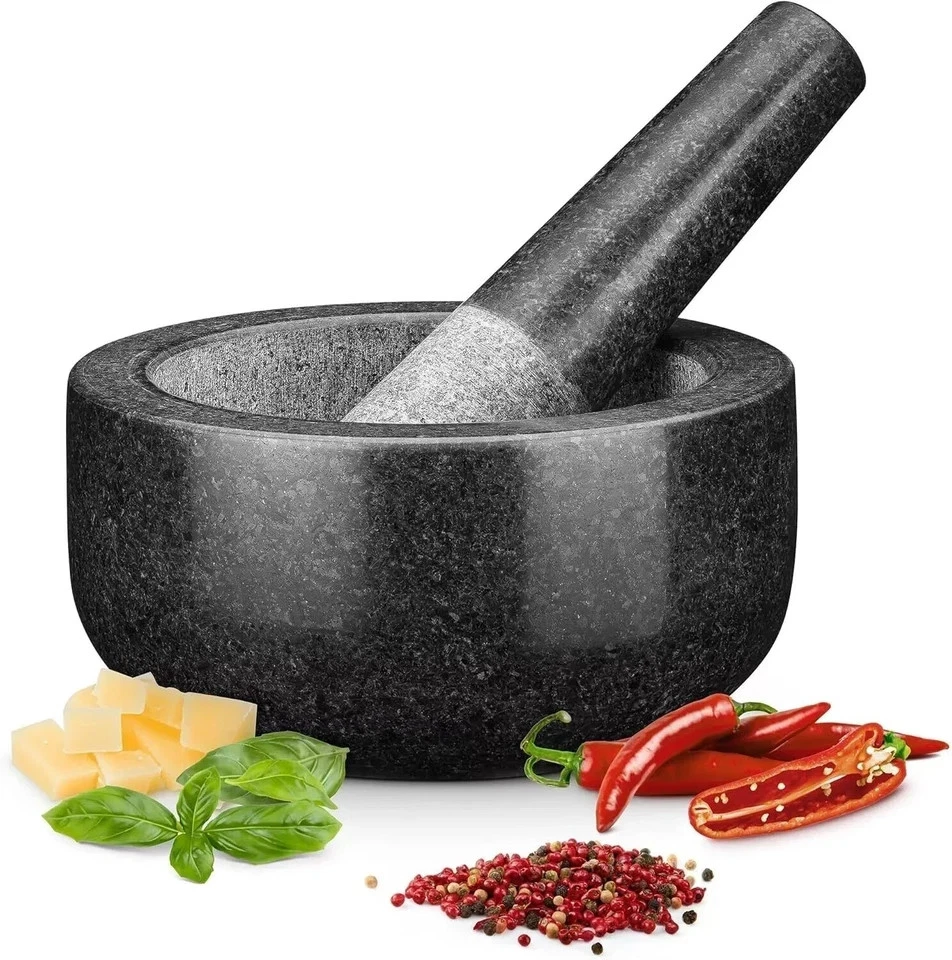 Pestle & Mortar Set Large Premium Solid Granite Stone Black - Kitchen Xmas Gift