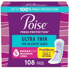 Poise Ultra Thin Incontinence Pads 5 Drop, Maximum Absorbency, Long, 108 Count