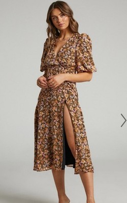 Showpo Puff Sleeve in Black Floral Loree Dress Frontal Side Split  size 10