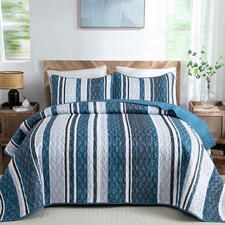 King Size Quilt, Boho Striped Navy Blue Bedspread Coverlet Set, 3 Pieces Soft Li