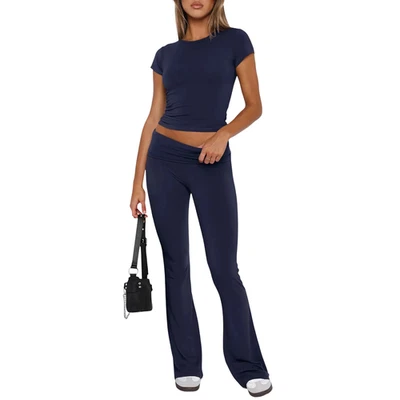 Ensemble survêtement femme crop top et pantalon évasé pattes d'eph bleu marine t - Photo 1/4