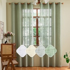 1 Pair Faux Linen Voile Sheer Curtain Eyelet Ring Top Valances Drapes Panels
