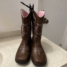 Girls' Brown Western Cowgirl Boots with Pink Embroidered Accents, Non-Slip