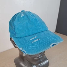 CC BLANK/NO LOGO DISTRESSED WOMENS ADJUSTABLE TRUCKER/MESH HAT/CAP PONYTAIL BLUE