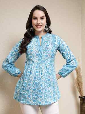Indian Women Cotton Turquoise Blue Floral Printed Kurta Kurti Top Tunic Dress