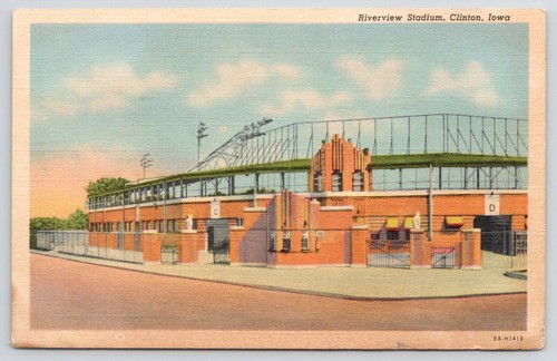 Postcard Clinton IA Iowa Riverview Baseball Stadium WPA Art Deco Vintage 1940 PC