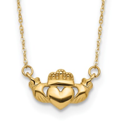 Echte 14kt Gelbgold poliert Claddagh 17 Zoll Halskette; 17 Zoll