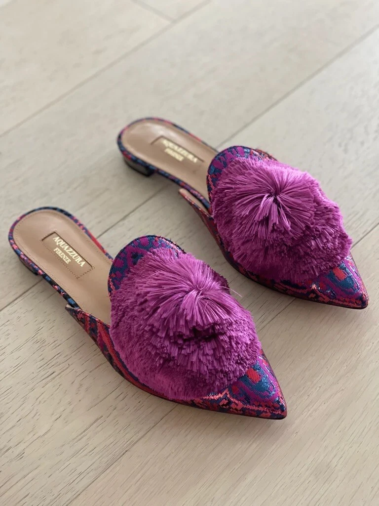 AQUAZZURA Powder Puff Pompom Mules SIZE 36.5
