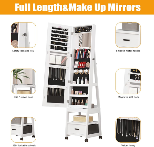 360° Swivel Jewelry Armoire, Floor Standing Locking with Full Length Mirror,Bott - Picture 6 of 7