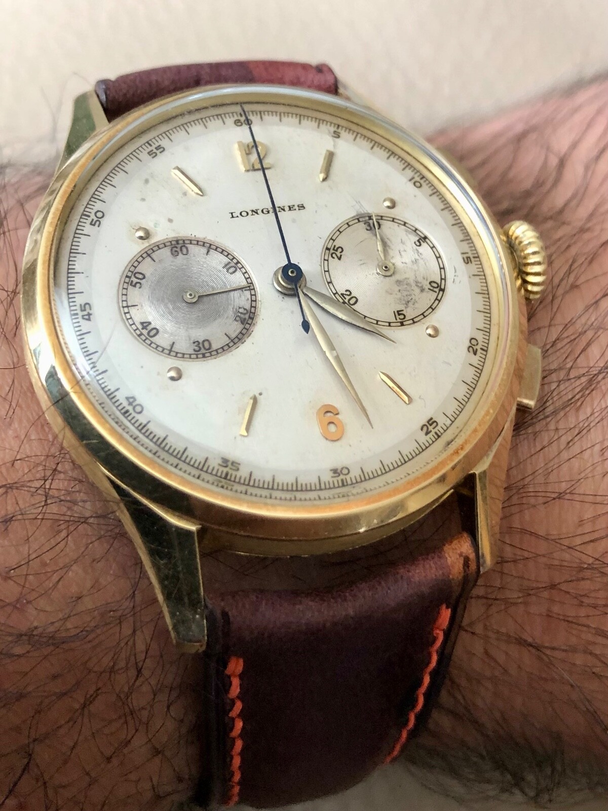 Longines 13zn Flyback Chrono 38mm 18k Gold Slv Arab Dial Strap 1948