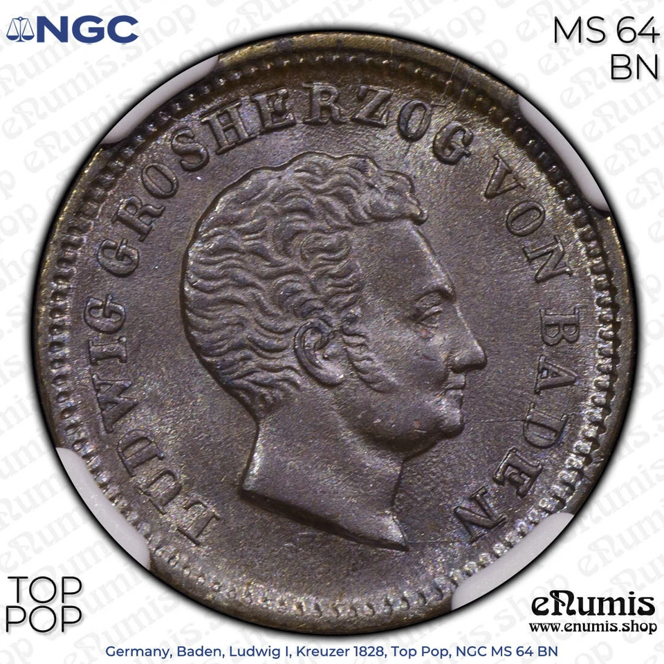 Germany, Baden, Ludwig I, Kreuzer 1828, Top Pop, NGC MS 64 BN - Image 3 of 4