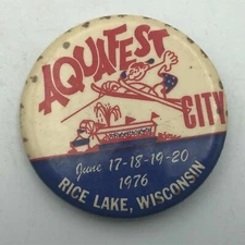 RICE LAKE Wisconsin Aquafest Pinback Cool Graphics Button Pin Badge Vintage 1976