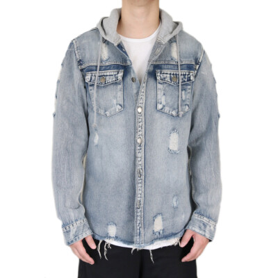 MEN'S INDIGO WASH DISTRESSED DENIM SHIRTS JACKET W/ FLEECE HOODIE *FAST  SHIP