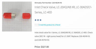 Shimadzu 228-48249-96 Inlet Check Valve,LC-20AD/AB XR,LC-30ADSF/i-Series, LC-40D