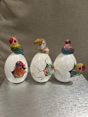 Vintage Mexico Ceramic Hatching Eggs Lot of 3 Hand Painted