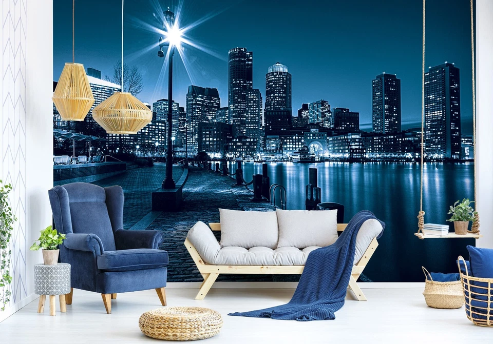 MURAL DE PARED GIGANTE DE Boston 312x219 cm papel tapiz dormitorio decoración del hogar noche vista a la ciudad Foto 4 de 4