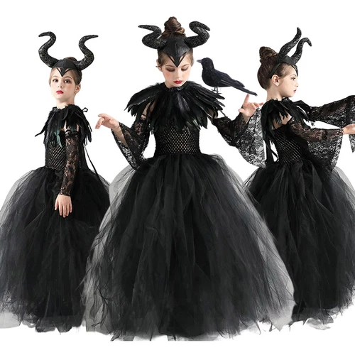 Kids Girls Maleficent Cosplay Costume 7Pcs Halloween Witch Fancy Dress Book Week - Bild 5 von 26