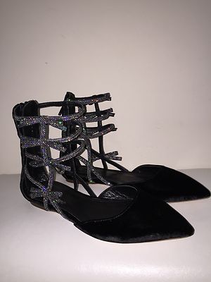JCrew Velvet Bow Gladiator Flats Shoes $198 6 black glitter e4669 NEW