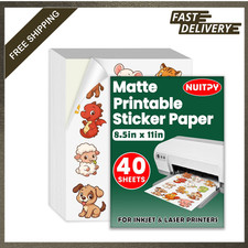 Matte Sticker Paper 40 Sheets Printable Inkjet Laser 8.5x11 Inches Self Adhesive