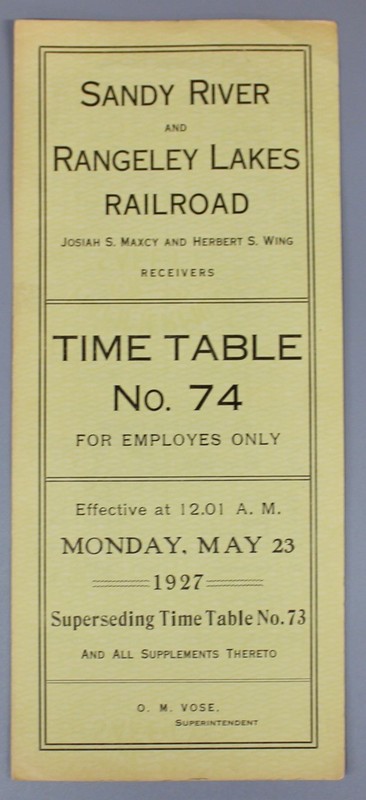 Original 1927 Sandy River & Rangeley Lakes SR&RL Employee Timetable No. 74