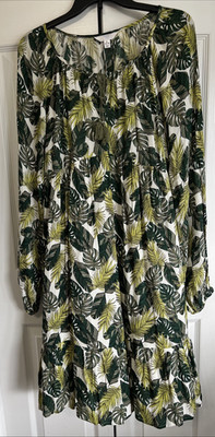 Time & Tru XL (16-18) Green Tropical Leaves Dress Long Slvs Attached Slip Rayon