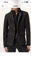 AllSaints Anthracite Survey Layered Waxed Suede Leather Blazer Jacket Sz Small
