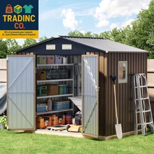 8X6Ft Outdoor Steel Storage Shed with Clear Window, Lockable Doors, Weather-Resi