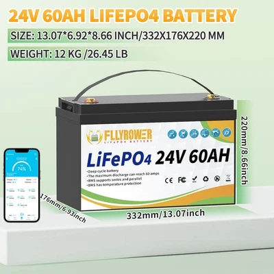 FLLYROWER 24V 60AH Lithium Batterie LiFePO4 Bluetooth Akku 60A BMS 15000Zyklen Solaranlage