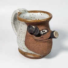 Vintage Handmade Pottery Stoneware Goofy Face Hat Brown Glaze Ceramic Mug Signed