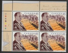 Canada #1761, John Peters Humphrey, UL Plate Block of 4, MNH 1998