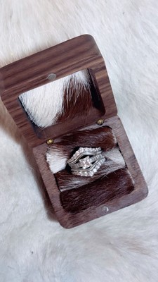 Wedding Ring Box. Rustic Country Barn Wooden Ring Holder. Cowhide lining