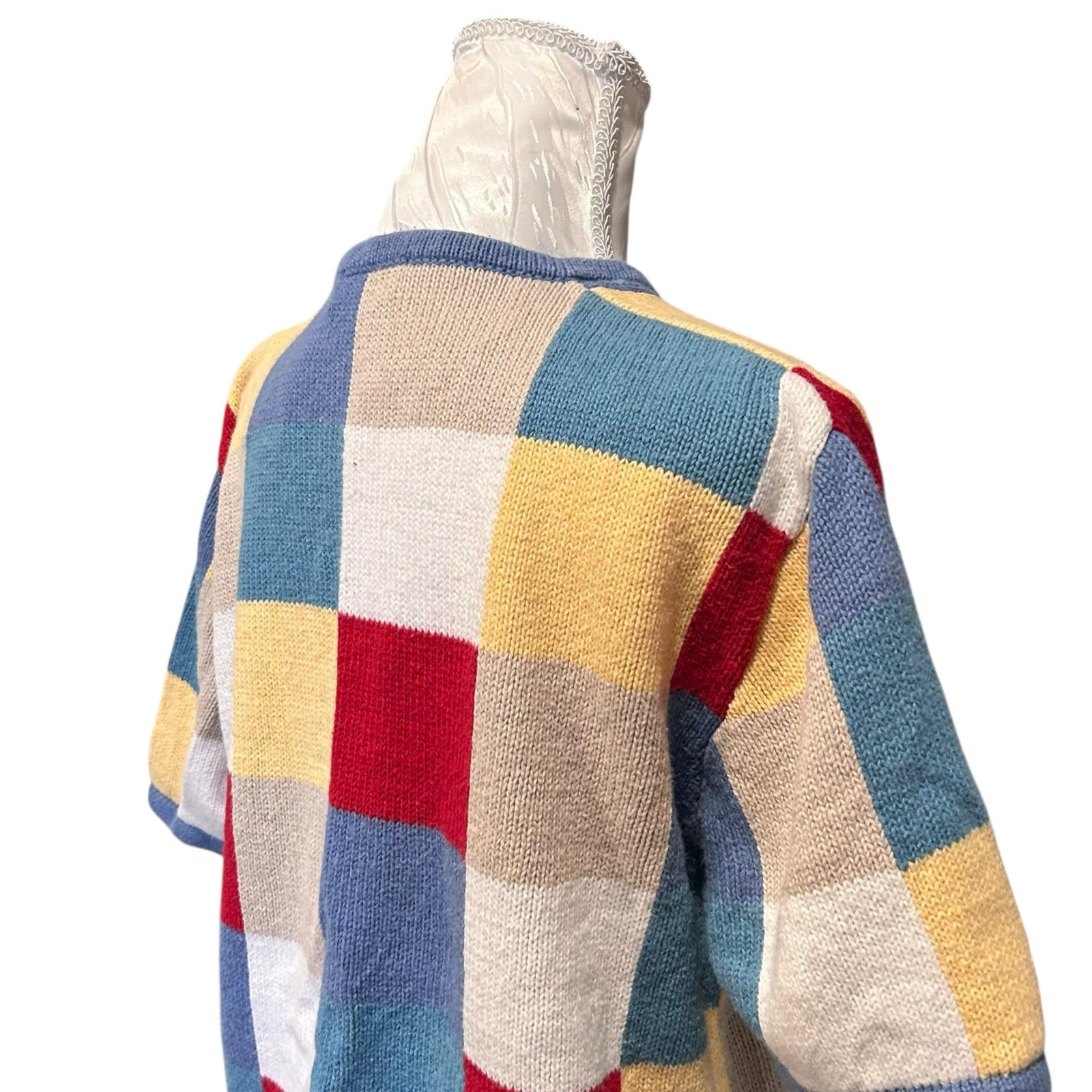 Patchwork Checked Knit Short Sleeve Cardigan Wome… - image 13