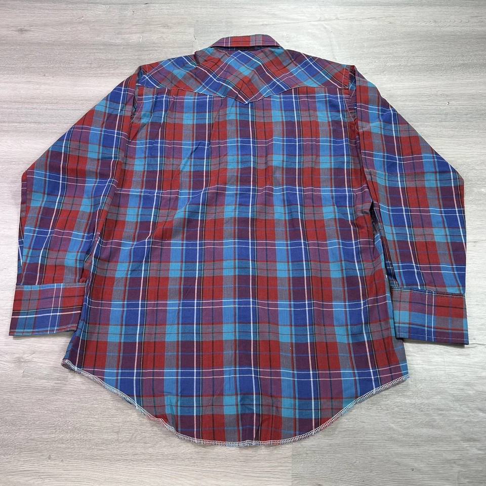 VINTAGE Wrangler Cowboy Cut Shirt Mens 16x34 Plaid Western Pearl Snap Made USA - Image 2 of 4