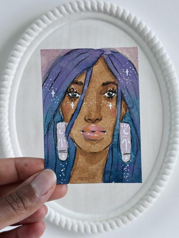 ACEO Original, Celestial Portrait Woman, Girl, Mini Art Painting, Blue Hair