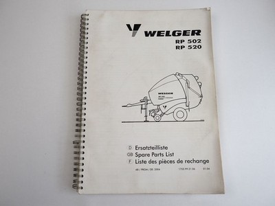 Welger RP 502 520 Round Baler Spare Parts List Spare Parts List 2004